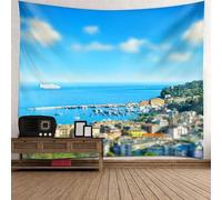 Tolldek Arazzo da parete naturale paesaggio, 350 x 256 cm, marino, vista città, telo da parete, blu e verde, decorazione per la casa, per il soggiorno
