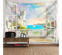 Tolldek Arazzo da parete naturale, paesaggio, bianco, verde, arazzo da parete per finestra, castello europeo, decorazione per la casa, per il soggiorno, 210 x 140 cm