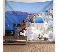 Tolldek Arazzo da parete naturale paesaggio blu bianco marrone arazzo città costiera arazzo decorazioni per la casa per soggiorno, camera da letto, decorazione da parete, 210 x 140 cm