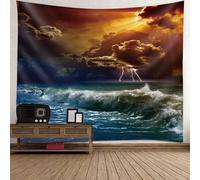 Tolldek Arazzo da parete, onda del mare, luce solare, flash, paesaggio naturale, poliestere, con decorazioni artistiche, arancione, verde, 150 x 130 cm