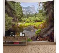 Tolldek Arazzo da parete, paesaggio naturale, 150 x 150 cm, albero di montagna, blu e verde, arazzo con decorazioni per la casa