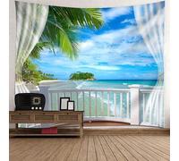Tolldek Arazzo da parete paesaggio naturale, 150 x 150 cm, balcone, mare, palma di cocco, blu, verde, arazzo per camera da letto, soggiorno, cameretta dei bambini