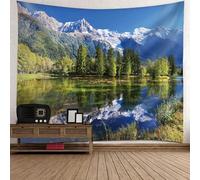 Tolldek Arazzo da parete, paesaggio naturale, 150 x 150 cm, lago albero, montagna, arazzo blu e verde, decorazione per la casa, per il soggiorno, la cameretta dei bambini