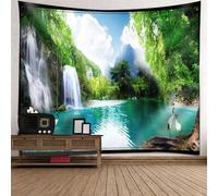 Tolldek Arazzo da parete paesaggio naturale, 240 x 220 cm, con cascata di montagna, lago, verde, blu, decorazione per la casa, per il soggiorno