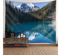 Tolldek Arazzo da parete, paesaggio naturale, 240 x 220 cm, lago albero, montagna, telo da parete blu e verde, decorazione per la casa per il soggiorno