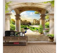 Tolldek Arazzo da parete paesaggio naturale, 350 x 256 cm, architettura europea, arazzo da parete verde, beige, adatto per decorazione di stanze, arte decorativa da parete