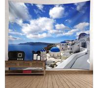 Tolldek Arazzo da parete paesaggio naturale, 350 x 256 cm, città costiera, blu e grigio, decorazione per la casa, per soggiorno, camera da letto