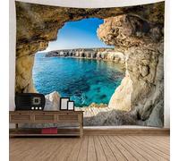 Tolldek Arazzo da parete paesaggio naturale, 350 x 256 cm, grotta del mare, arazzo marrone, blu, verde, decorazione della casa, adatto per la decorazione della parete, decorazione della parete