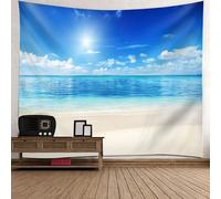 Tolldek Arazzo da parete paesaggio naturale, 350 x 256 cm, spiaggia, mare, cielo, blu e beige, decorazione da parete per tovaglia, soggiorno, camera da letto