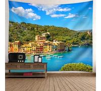 Tolldek Arazzo da parete paesaggio naturale blu verde, arazzo da parete città costiera albero, decorazione per la casa, per tovaglia, soggiorno, 260 x 240 cm