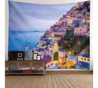 Tolldek Arazzo da parete paesaggio naturale grigio blu telo da parete città costiera arazzo decorazione per la parete in soggiorno, 260 x 240 cm