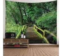 Tolldek Arazzo da parete verde, 300 x 256 cm, naturale paesaggio, albero, foresta, sentiero in legno, arazzo da parete per camera da letto, soggiorno, cameretta dei bambini