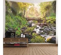Tolldek Arazzo da parete verde, 300 x 256 cm, paesaggio naturale, pietra fiumi, ponte in legno, arazzo da parete, adatto per decorazioni da parete