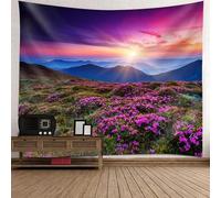 Tolldek Arazzo da parete viola verde, 200 x 200 cm, paesaggio naturale, motivo floreale, montagna, alba del sole, per camera da letto, soggiorno, cameretta dei bambini