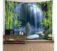 Tolldek Arazzo naturale paesaggio, verde, grigio, arazzo da parete in bambù, cascata, pietra, decorazione per la casa, adatto per la decorazione della stanza, decorazione da parete, 260 x 240 cm