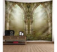 Tolldek Arazzo Verde Beige 150 x 130 cm, Paesaggio Natura Arazzo da Parete Architettura Europea Albero Carta da Parati Arazzi con Arte Natura Decorazioni per la Casa