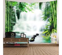 Tolldek Arazzo verde bianco 200 x 200 cm, paesaggio natura arazzo da parete in bambù cascata pietra telo da parete per la decorazione della parete del soggiorno