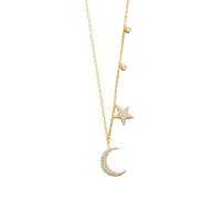 Tolldek Au375/585/750 - Collana da donna in oro con ciondolo a forma di luna e stella con laboratorio, taglio rotondo bianco, oro giallo 9 K/14 K/18 carati, per donne, 40 + 5, Oro giallo 14 carati