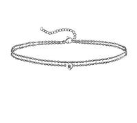 Tolldek Cavigliera da donna in oro bianco 18 carati, doppia collana con cuore lettera R Charm, Au750 Gold Boho Cavigliera da donna, 22 + 5 cm, Oro bianco 18 carati (750), Senza zirconi