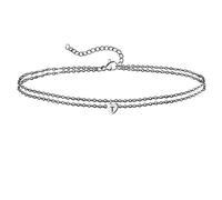 Tolldek Cavigliera da donna in oro bianco 18 K 750, doppia catena con cuore lettera T Charm, Au750, oro vero 24 + 5 cm, Oro bianco 18 carati (750), Senza zirconi