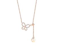 Tolldek Collana da donna in oro rosa 9 K/14 K/18 K, gioiello alla moda, gioiello in vero oro, ciondolo a forma di farfalla, con perle rotonde, bianco, oro rosa, Au375/585/750, regalo da donna, 47, Oro