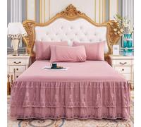 Tolldek Mantovana per letto viola con 2 federe, 180 x 220 cm, set di lenzuola, in pizzo, stile rustico con arricciature, tinta unita, in tessuto, classico, in poliestere, sotto il materasso