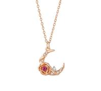 Tolldek Rose Gold Au375/585/750 - Collana da donna alla moda, con ciondolo a forma di luna e rosa con laboratorio, rubino taglio rotondo rosso, catena da donna 9K/14K/18K, oro rosa, 40+5, Oro rosa 9