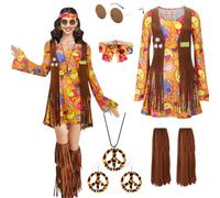 TOLOYE 70s Fancy Dress Women, Hippie Costume Outfit with Fringe Vest Boho Headband Necklace Set, 60s Disco Retro Hippy Clothes for Carnival Cosplay Party