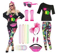 TOLOYE Anni 80 Vestiti, Vestito Hippie con Accessori Hippie Set di Collana Neon, Vestiti Anni 80 Donna Maglietta Pantaloni Retrò, Costume Hippie Costume Anni 80 per Carnevale