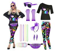 TOLOYE Anni 80 Vestiti, Vestito Hippie con Accessori Hippie Set di Collana Neon, Vestiti Anni 80 Donna Maglietta Pantaloni Retrò