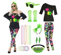TOLOYE Anni 80 Vestiti, Vestito Hippie con Accessori Hippie Set di Collana Neon, Vestiti Anni 80 Donna Maglietta Pantaloni Retrò