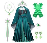 TOLOYE Vestito da Principessa Verde per Bambina con Mantello e Accessori, Abito Elegante da Festa con Corona e Guanti, Costume per Halloween Carnevale Compleanno Cosplay