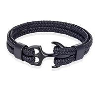 Tom Jaxon Bracciale da uomo in pelle intrecciata con ancora nera - 18 cm