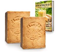 tom&pat® Sapone Aleppo originale artigianale • 20% alloro 80% olio d'oliva • maturato 6 anni • Dermatest eccellente • per corpo e capelli • eBook sapone naturale DIY (2 x 200 g)