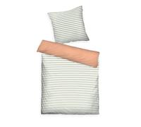 TOM TAILOR Biancheria da Letto in Percalle, 65x100 + 160x210 cm, 100% Cotone/Percalle, Con Motivo Reversibile, Profili Colorati sul Cuscino e sulla Cerniera, STRIPES WITH A KICK Verde Chiaro, Pesca (Green Leaf & Juicy Peach)