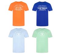 TOM TAILOR T-shirt da uomo in cotone, vestibilità regolare, confezione da 4 pezzi, girocollo, maniche corte, per l'estate, con stampa logata, 100% cotone, colori nero, bianco, verde, rosso, blu
