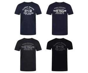 TOM TAILOR T-shirt da uomo in cotone, vestibilità regolare, confezione da 4 pezzi, scollo rotondo, maniche corte, per l'estate, con stampa logo, 100% cotone, colori: nero, bianco, verde, rosso, blu