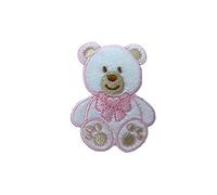 TOMASELLI MERCERIA Applicazione Termoadesiva Patch Marbet Ricamo Baby Velluto Bianco Orsetto Fiocco Cuore 55x40 Mm - Rosa