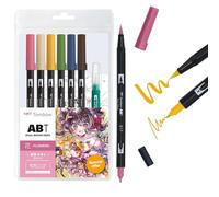 Tombow ABT Dual Brush Pen Set Manga Acquerello Flower, set di 6 ABT + pennello per serbatoio d'acqua, modelli da colorare & video tutorial [ABT-6P-MANGA-FLOWER], blu