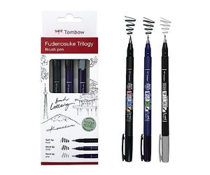 Tombow Set Fudenosuke Trilogy, Contenuto: 3 Fudenosukes punta dura, flessibile e grigio, per calligrafia, lettering, schizzi, WS-BHS-3P