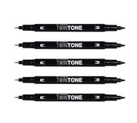 TOMBOW TwinTone - Set di 5 pennarelli a doppia punta, 0,8 e 0,3 mm, colore: nero