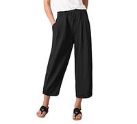 TOMEEK Pantaloni da Donna Lines Estiva 7/8 Pantaloni a Gamba Larga Pantaloni Casual in Cotone Pantaloni Eleganti Harem in Vita Elastica Pantaloni Larghi con Tasche, Nero, Taglia XL