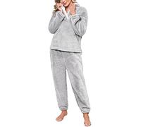 TOMEEK Set Pigiama Invernale da Donna Set da Pigiama a Maniche Lunghe in Pile da Salotto Morbido Caldo per la Casa con Felpa e Pantaloni, Grigio, Taglia XL