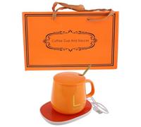 TOMETURE Tazza Elettrica Riscaldante Multifunzionale in Ceramica Arancia con Coperchio e Cucchiaio, Set da 1 per Mantenere Caldo Caffè e Tè, per Feste di Natale