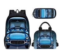 Tomeusey 3 zaini per bambini 3 in 1, grande capacità, con borsa termica per il pranzo e matite, per scuola e asilo nido, Macchina blu.