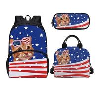 Tomeusey 3 zaini per bambini 3 in 1, grande capacità, con borsa termica per il pranzo e matite, per scuola e asilo nido, Gatto Bandiera Americana