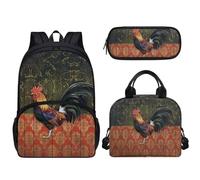 Tomeusey 3 zaini per bambini 3 in 1, grande capacità, con borsa termica per il pranzo e matite, per scuola e asilo nido, Gallo