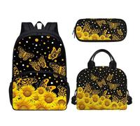 Tomeusey 3 zaini per bambini 3 in 1, grande capacità, con borsa termica per il pranzo e matite, per scuola e asilo nido, Farfalla girasole.