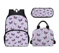 Tomeusey 3 zaini per bambini 3 in 1, grande capacità, con borsa termica per il pranzo e matite, per scuola e asilo nido, farfalla viola