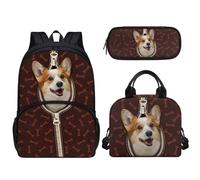 Tomeusey 3 zaini per bambini 3 in 1, grande capacità, con borsa termica per il pranzo e matite, per scuola e asilo nido, Corgi divertenti